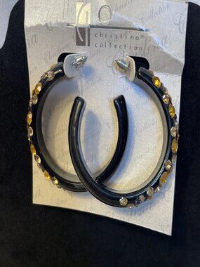 Christina Collection Black Hoop Earrings Rhinestones 2 inch Large Sparkly Bling